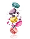 ÃÂ¡olored macaroons crushed into pieces in the air Royalty Free Stock Photo